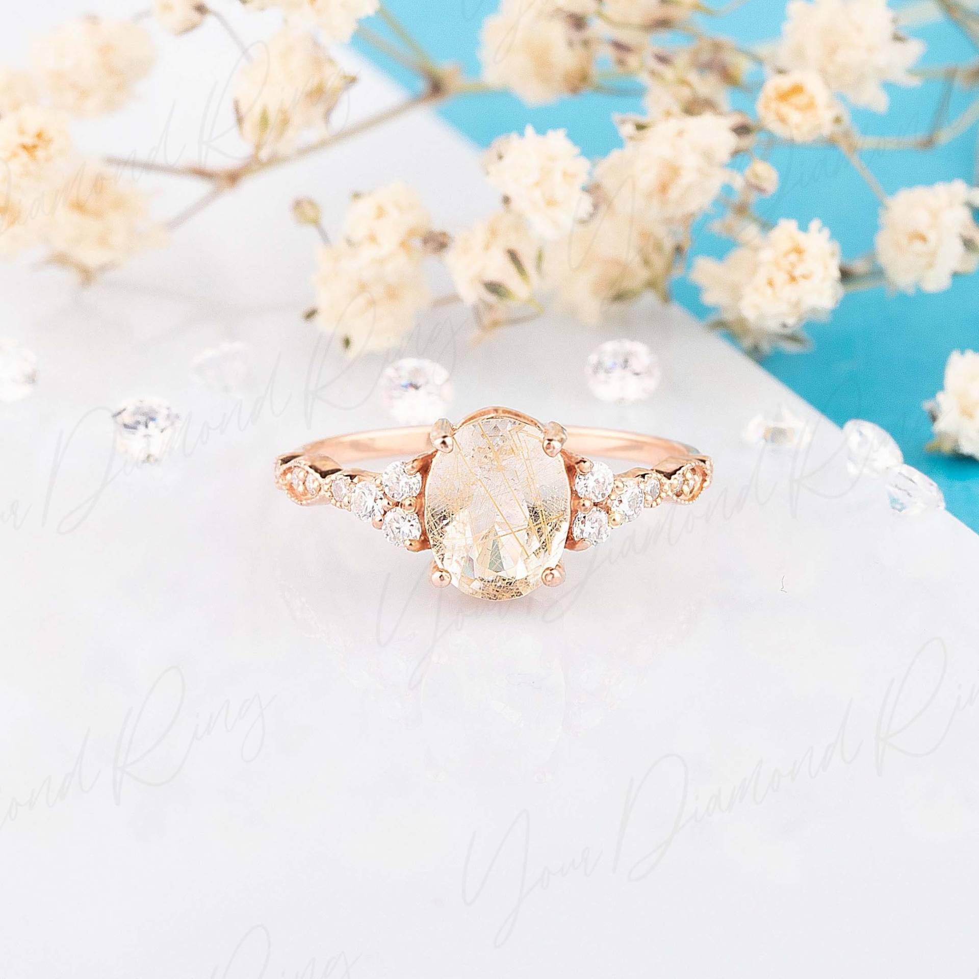 Rose Gold Oval Bronze Rutilquarz & Diamant Cluster Verlobungsring Vintage Art Deco Versprechen Ring Geschenk Her von YourDiamondRing