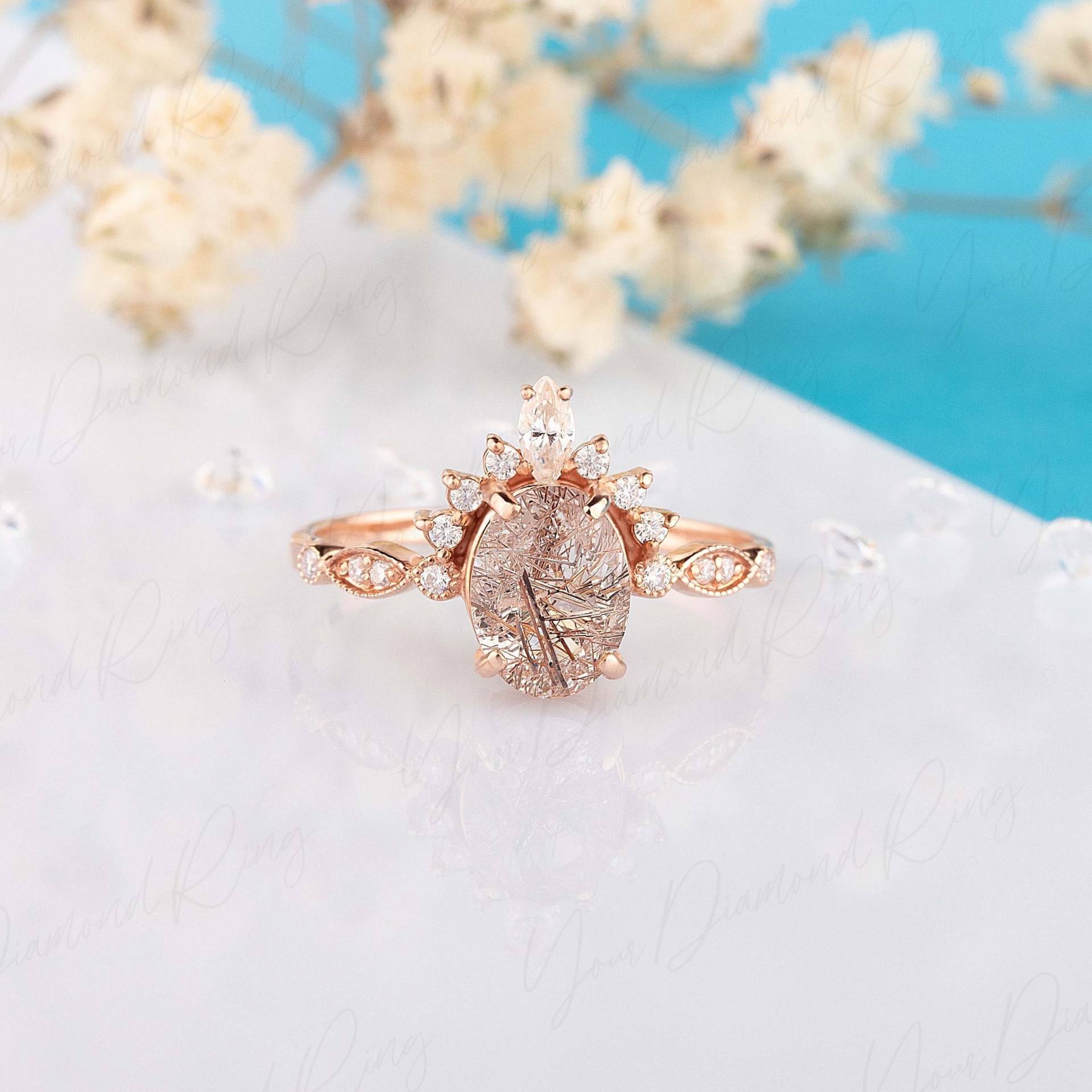 Rose Gold Oval Rutilquarz & Diamant Krone Verlobungsring, Jubiläum Versprechen Ring Geschenk Für Frau Vintage Art-Deco von YourDiamondRing