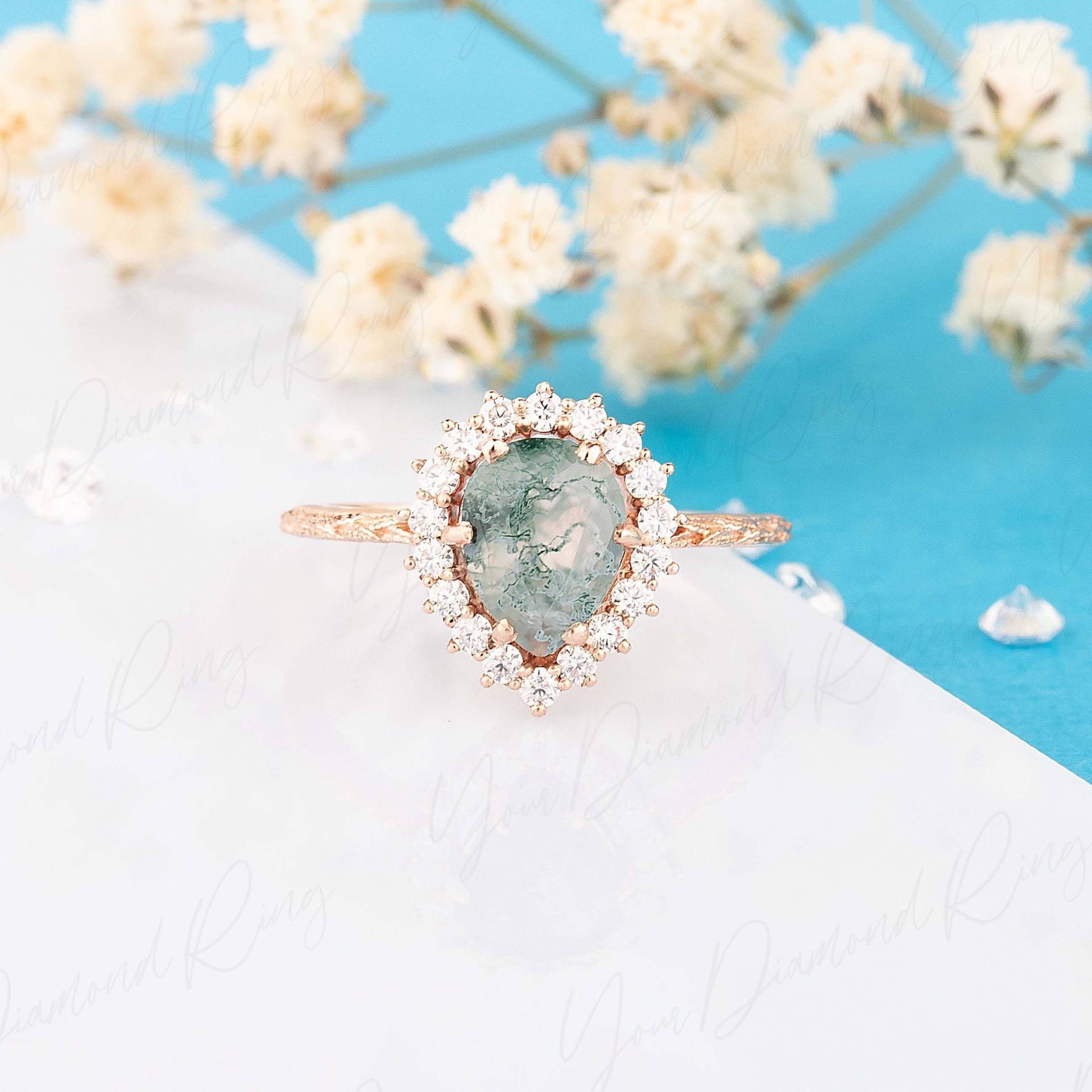Vintage Birne Moosachat & Diamant Halo Verlobungsring, Rosegold Ehering, Versprechen Ring von YourDiamondRing