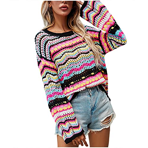 Herbst Winter Damen Langarmshirt Strickpullover Pullover, Rundhals Fashion Grobstrickpullover Warme Pulli Festliche Warehouse Sweater Lang Strickpulli Ausgehöhlter Bunt Gestreift Outwear Longpullover von Yourumao