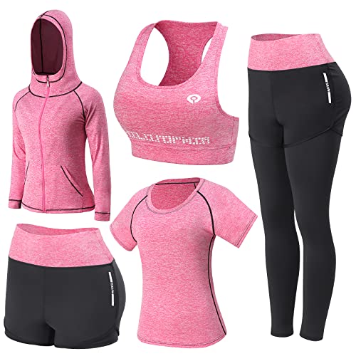 JULY'S SONG Yoga Kleidung Anzug 5er-Set Trainingsanzug Laufbekleidung Gym Fitness Kleidung (Pink, M) von JULY'S SONG