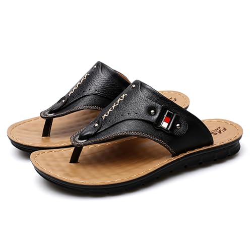 Youthful flying Flip Flops Herren Leder Sandalen Comfy Strand Zehentrenner Sommer Rutschfest Hausschuhe(Size:39 EU,Color:Schwarz) von Youthful flying