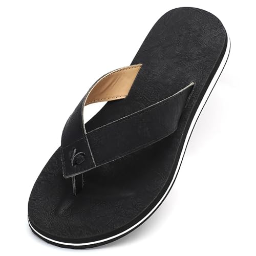 Youthful flying Herren Flip Flops Zehentrenner Leder Sandalen mit Arch Support Leder Badelatschen Sommer Beach Rutschfest Hausschuhe(Size:40 EU,Color:Schwarz) von Youthful flying