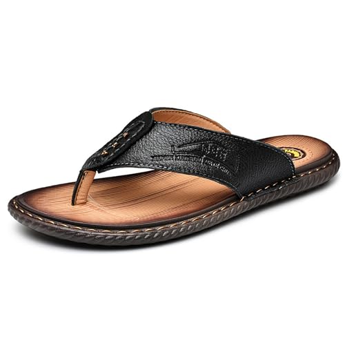 Youthful flying Herren Leder Flip Flops Zehentrenner Weich Sandalen Badelatschen Sommer Rutschfest Hausschuhe(Size:38 EU,Color:Schwarz) von Youthful flying