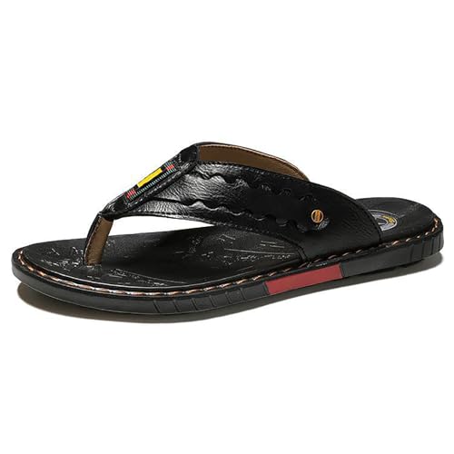 Youthful flying Leder Flip Flops Herren Zehentrenner Sommer Rutschfest Beach Bequeme Sandalen(Size:39 EU,Color:Schwarz) von Youthful flying