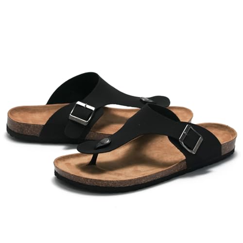 Youthful flying Zehentrenner Damen Herren Pantoletten mit Kork-Fussbett Leder Sandalen Frauen Flip Flops Leicht Elastisch Sommerschuhe(Size:36 EU,Color:Schwarz) von Youthful flying