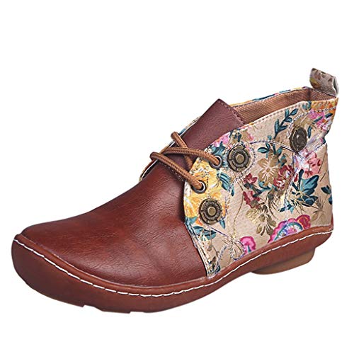 Booties Frauen Retro Leder Flache Schnürung Blumendruck Kurze Runde Zehen Schuhe (37,Braun) von Yowablo