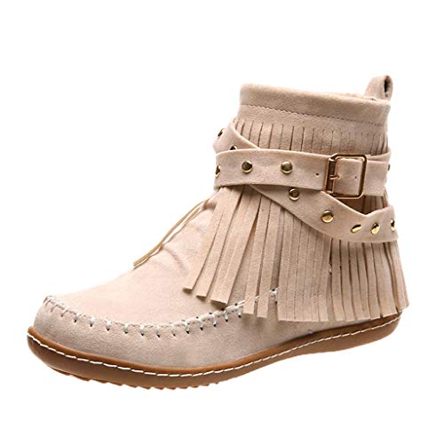 Booties Frauen Retro Quaste Wildleder Flacher Reißverschluss Einfarbige Kurze runde Zehen Schuhe (40,2Beige) von Yowablo