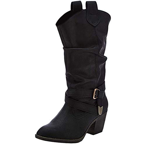 Damen Reitstiefel Stiefel Frauen Leder Kreuzgurt Kniehohe Schnalle Schuh Niedriger Absatz Slip-On (37,Schwarz) von Yowablo