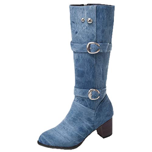 Damen Stiefeletten Boots Warme quadratische Ferse beschuht beiläufige Lange Schlauch-Denim-Art- und Weisestiefel (39 EU,Hellblau) von Yowablo