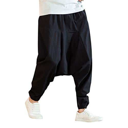 Haremshose Herren Baumwolle Freizeitmode Lose Reine Farbe Hip Hop Stil Baumwolle und Leinen Länge Hose (L,Schwarz) von Yowablo