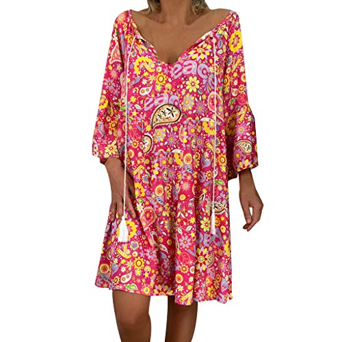 Kleid Frauen Loose Floral Print Dreiviertelärmel Sommer Minikleid (5XL,12Pink) von Yowablo