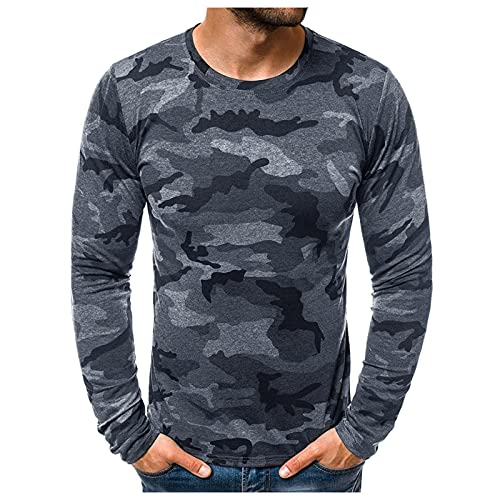 Langarmshirt Herren Langarm-Shirt mit Rundhalsausschnitt T-Shirt Herren Sommer Slim Casual Camouflage Printed Langarm Top Bluse (XL,2dunkelgrau) von Yowablo