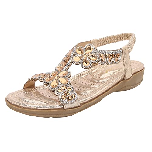 Sandalen Böhmen Sommer Frauen Damen Bling Crystal Flat Beach Freizeitschuhe (41,Gold) von Yowablo