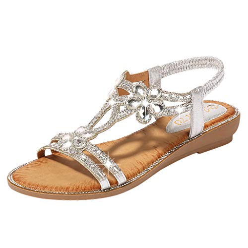 Yowablo Sandalen Frauen Böhmen Sommer Bling Flower Crystal Flat Beach Freizeitschuhe (42,1Silber) von Yowablo