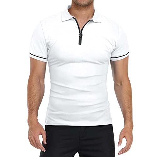 Top Shirt Herren Casual Soild Zipper Top Shirt Umlegekragen Bluse Kurzarm Mode Freizeithemd (3XL,13Weiß) von Yowablo