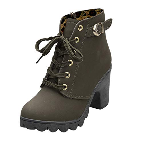 Yowablo Winterschuhe Damen Winterstiefel Damen Schneestiefel Damen Winterboots Damen Stiefel Damenmode High Heel Lace Up Knöchel Schnalle Plateauschuhe (41,armeegrün) von Yowablo