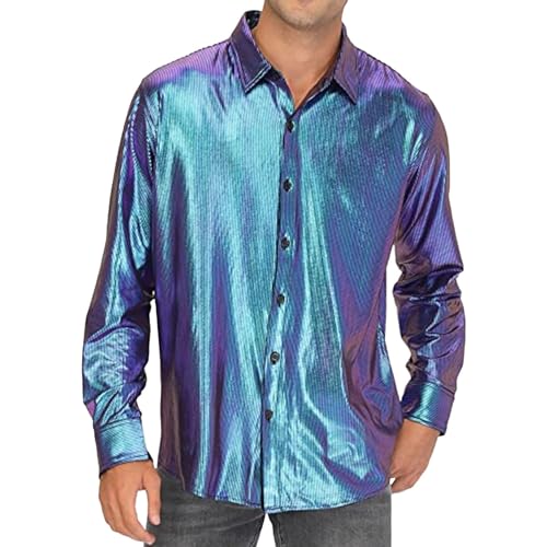 Yowablo Herren 70er Disco Party Kostüm Gold Silber Mehrfarbig Regenbogen Kariert Pailletten Druck Langarm Button-Down Hemden Hemd Herren Kurz Leinen (XL,Lila) von Yowablo