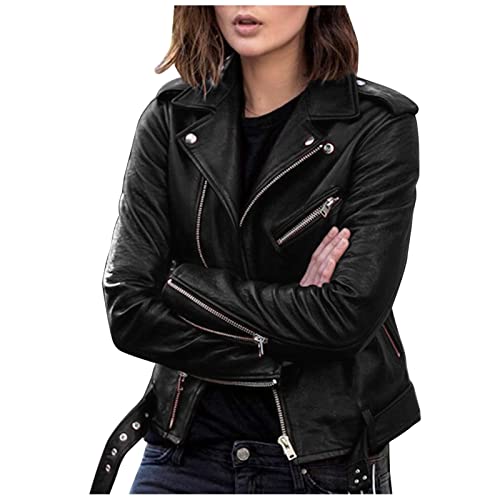 Yowablo Jacke Frauen Plus Größe Mode Kunstleder Jacke Langarm Reißverschluss ausgestattet Kunstleder Mantel Herbst Kurze Jacke schlanker Mantel (L,8Kriegsmarine) von Yowablo