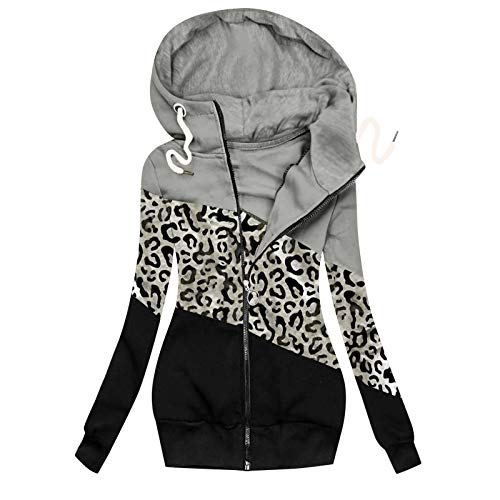Yowablo Kapuzenpullover Damen Classic High Neck Hoody Pullover Winter Casual Leopard Prints Jacke Reißverschluss Sweatshirt Langarm Mantel (3XL,2Grau) von Yowablo