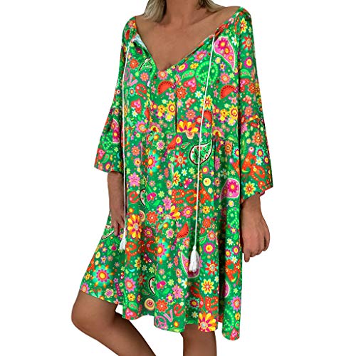 Yowablo Kleid Frauen Loose Floral Print Dreiviertelärmel Sommer Minikleid (5XL,12Grün) von Yowablo
