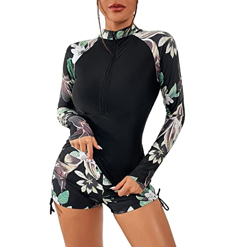 Yowablo Rundhals Onepiece Hose Reißverschluss Blattdruck Langarm Bikini Badeanzug Neoprenanzug Schwimmen Damen von Yowablo