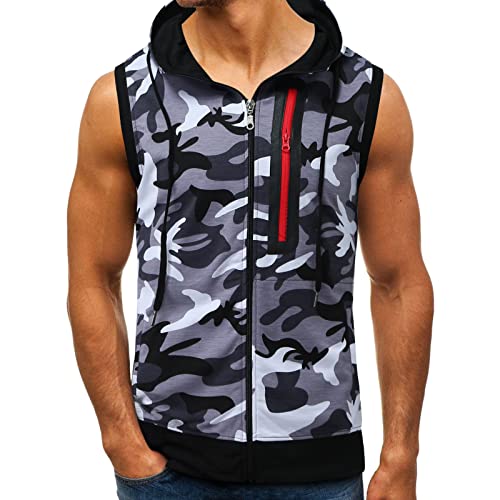 Yowablo Tank Top Hoodies Herren Frühling Sommer Training Sport ärmelloses Top Farbabstimmung Camouflage Fitness eng anliegende Muskelweste (3XL,4Grau) von Yowablo