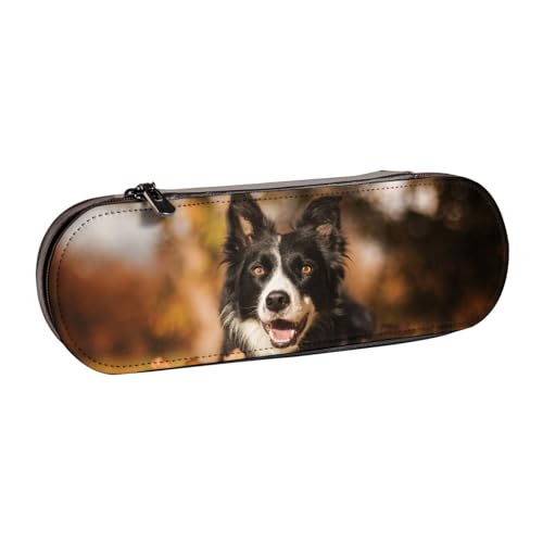 YsoLda Federmäppchen, Stiftetui, tragbares Federmäppchen, Ledertasche für Schule, Büro, Border Collie Bokeh Herbst schwarzer Border Collie von YsoLda