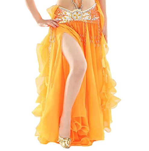 YuanDian Damen Chiffon Einfarbig Professionelle Tänzerin Bauchtanz Spliss Öffnungs Swing Long Rock Tanzkostüm Bauch Dance Kleid Orange (Nicht inbegriffen ist Gürtel) von YuanDian