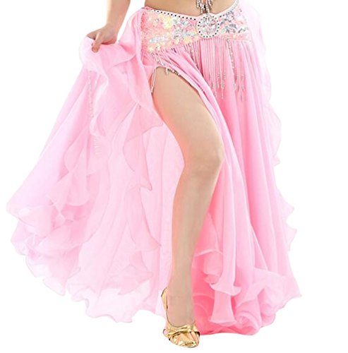 YuanDian Damen Chiffon Einfarbig Professionelle Tänzerin Bauchtanz Spliss Öffnungs Swing Long Rock Tanzkostüm Bauch Dance Kleid Rosa (Nicht inbegriffen ist Gürtel) von YuanDian