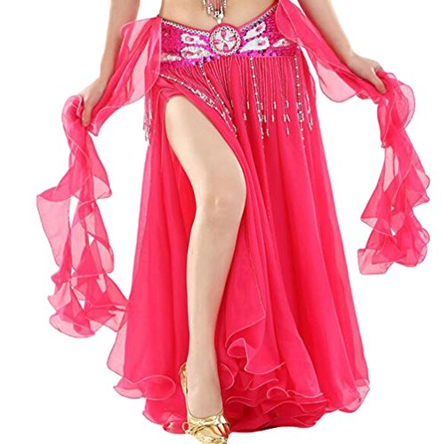 YuanDian Damen Chiffon Einfarbig Professionelle Tänzerin Bauchtanz Spliss Öffnungs Swing Long Rock Tanzkostüm Bauch Dance Kleid Rose (Nicht inbegriffen ist Gürtel) von YuanDian