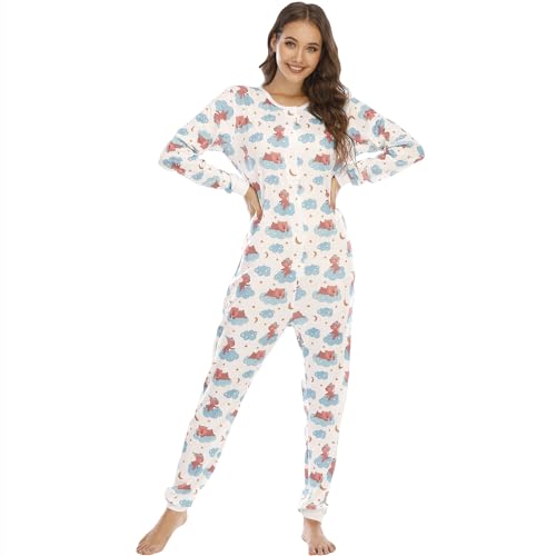 YuanDiann Damen Einteiler Pyjama Bedruckt Weich Bequem Nachtwäsche Onesie Schlafoverall Thermo Unterwäsche Basisschicht Schlafanzug Bear M von YuanDiann