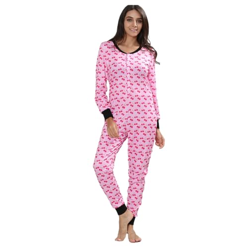 YuanDiann Damen Einteiler Pyjama Bedruckt Weich Bequem Nachtwäsche Onesie Schlafoverall Thermo Unterwäsche Basisschicht Schlafanzug Cherry M von YuanDiann