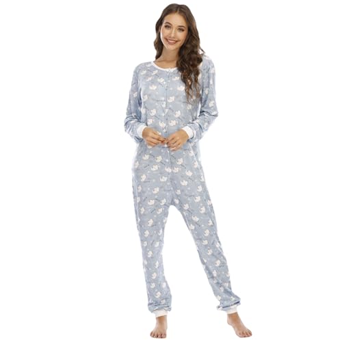 YuanDiann Damen Einteiler Pyjama Bedruckt Weich Bequem Nachtwäsche Onesie Schlafoverall Thermo Unterwäsche Basisschicht Schlafanzug Elephant L von YuanDiann