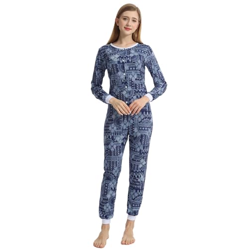 YuanDiann Damen Einteiler Pyjama Bedruckt Weich Bequem Nachtwäsche Onesie Schlafoverall Thermo Unterwäsche Basisschicht Schlafanzug Navy XXL von YuanDiann