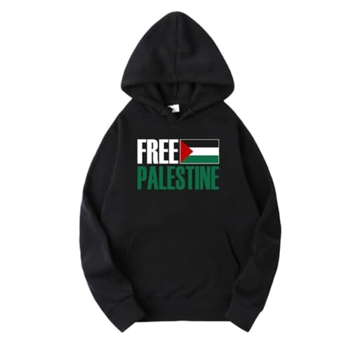 YuanDiann Free Palestine Hoodies für Herren und Damen Flaggendruck Trainingsanzug Kapuzenpullover Samtfutter Warm Casual Lose Sweatshirt mit Kapuze Schwarz XXL von YuanDiann