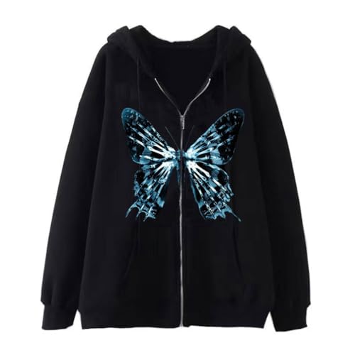 YuanDiann Herren Damen Y2K Zip Up Hoodie Schmetterling Print Jacke 90er Jahre Retro Herbst Winter Reißverschluss Sweatshirt Samtfutter Kapuzen Sweatjacke Schwarz XL von YuanDiann