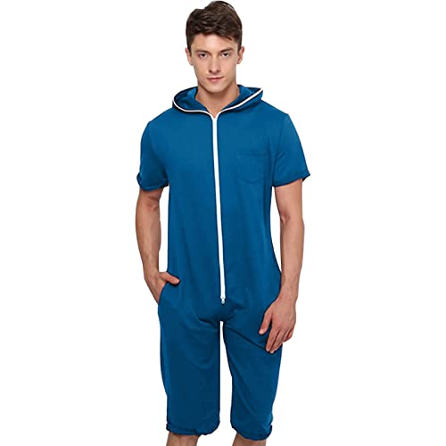 YuanDiann Herren Kurz Jumpsuit Onesie Sommer Overall Pyjama Hoodie Jogginghose Männer T-Shirt Kurze Hose Schlafanzug Einteiler Sommerjumpsuit Schlafoverall Nachtwäsche Dunkelblau L von YuanDiann