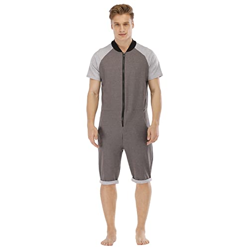 YuanDiann Herren Kurz Jumpsuit Onesie Sommer Overall Pyjama Hoodie Jogginghose Männer T-Shirt Kurze Hose Schlafanzug Einteiler Sommerjumpsuit Schlafoverall Nachtwäsche Dunkelgrau + Hellgrau XXL von YuanDiann