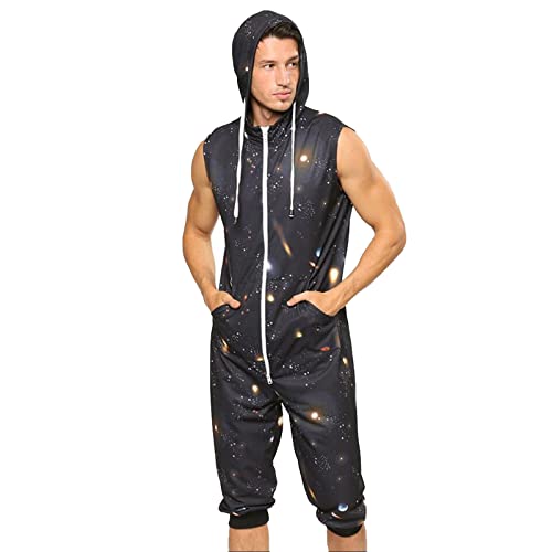 YuanDiann Herren Kurz Jumpsuit Onesie Sommer Overall Pyjama Hoodie Jogginghose Männer T-Shirt Kurze Hose Schlafanzug Einteiler Sommerjumpsuit Schlafoverall Nachtwäsche Sternenklarer Himmel XXL von YuanDiann