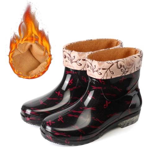 Gefütterte Gummistiefel Damen Herren Kurze-Regenstiefel für Damen, Kristall-Blumenmuster, Modische Gummischuhe, Baumwolle, Langlebige Rutschfest zum Hineinschlüpfen kurze Wasserstiefel (Brown, 41) von Yudiega