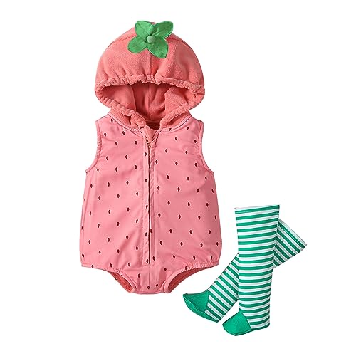 Yudiega Baby Strampler Langarmbody Baby Body Baby Kleinkind Jungen Mädchen Cosplay Erdbeere Kostüm Winter Fleece Kapuzen Strampler Bodys Beinwärmer Set New Born Baby Girl (Red, 3-6 Months) von Yudiega