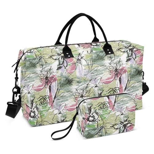 Artistic Reisetasche mit Pinselstrichen, Blumenmuster, Aquarellfarben, Schultertasche, Wochenendtasche, Übernachtungstasche, Turnbeutel mit Kulturbeutel für, Künstlerischer Pinselstrich, florales von Yuiboo