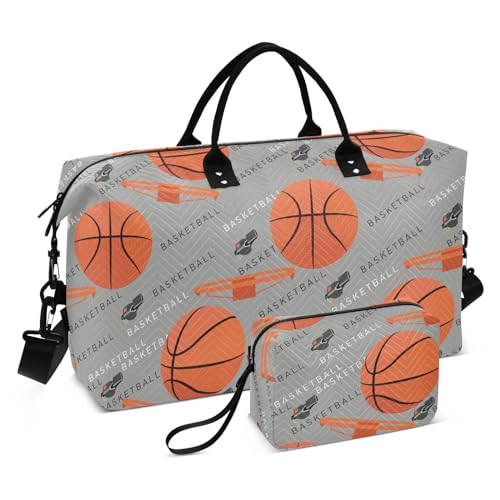 Basketball Sporting Grunge Gepäck-Reisetasche, Schultertasche, Wochenendtasche, Übernachtungstasche, Turnbeutel mit Kulturbeutel, Grau / Schwarz, Basketball Sportlich Grunge Grau Schwarz, Set of 2, von Yuiboo