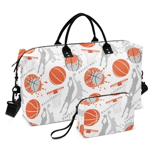 Basketballspieler, Grunge-Sporttasche, Reisetasche, groß, Turnbeutel mit Kulturbeutel für Flugzeugreisen, Grau, Basketballspieler Grunge Sports Grau, Set of 2, Art Deco von Yuiboo