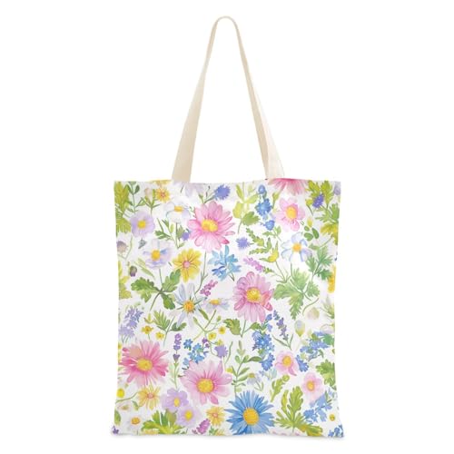 Canvas-Tragetasche mit Aquarell-Blumen, Rosa, Gelb, Gänseblümchen, Blau, Tragetasche mit Taschen, Leinentaschen, Geschenk für Kollegen, Geschenk für Frauen, Buch-Tragetasche, Aquarell-Blumen, Rosa, von Yuiboo