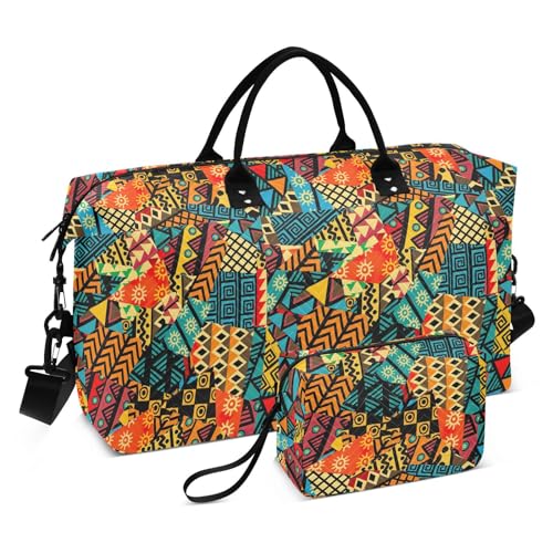 Farbige afrikanische Patchwork-Tasche, Handgepäcktasche, Sport-Trainingstasche mit Kulturbeutel für Trekking, 2-teiliges Set, Farbiges afrikanisches Patchwork, Set of 2, Art Deco von Yuiboo