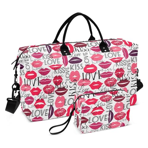 Gepäck-Reisetasche, Valentinstag, Küsse, Lippen, rote Kritzeleien, Liebe, Wochenendtasche, großer Turnbeutel mit verstellbarem Riemen für Workout, Valentinstag Küsse Lippen Rot Doodles Love, Set of 2, von Yuiboo