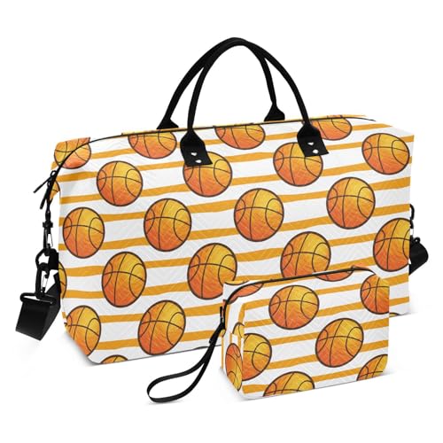 Große Reisetasche mit Basketball, orangefarbene Streifen, großes Handgepäck, Flughafentasche, Sporttasche, Turnbeutel mit Kulturbeutel, Basketball orange Streifen, Set of 2, Art Deco von Yuiboo