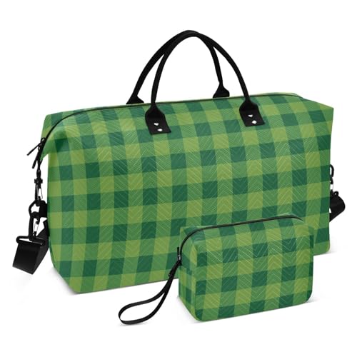 Grüne karierte Reisetasche, Schultertasche, Wochenendtasche, Übernachtungstasche, Sporttasche mit verstellbarem Riemen für Yoga, Grünes Plaid, Set of 2, Art Deco von Yuiboo